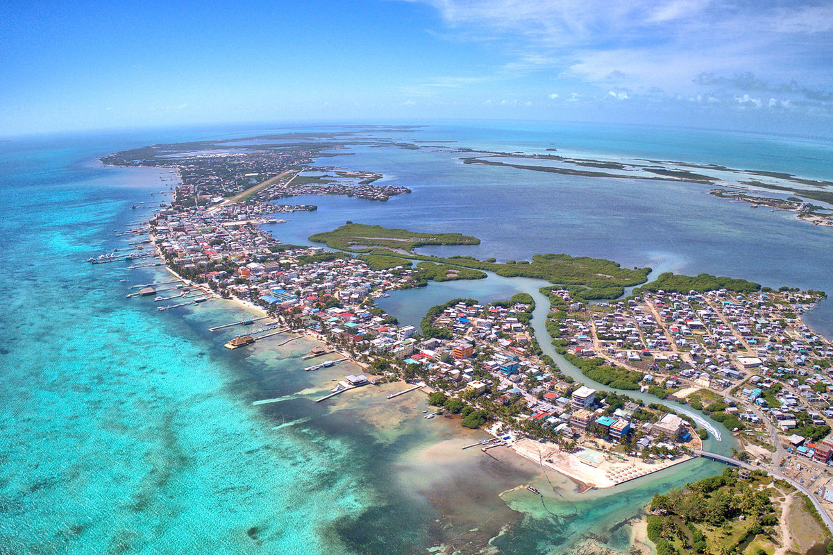 An aerial view of San Pedro Island and the Belize barrier reef